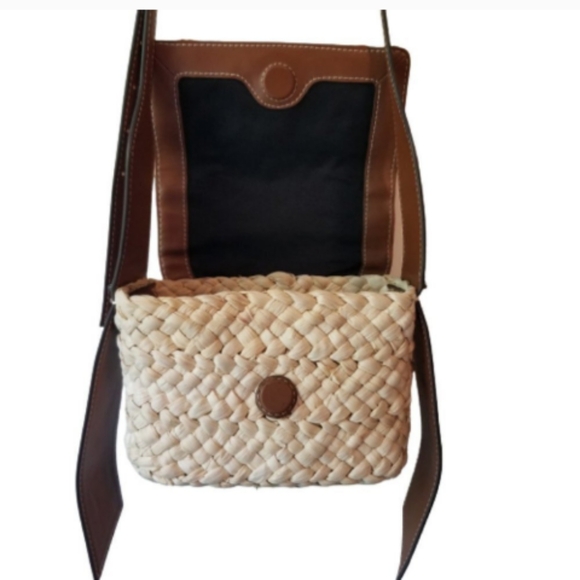 SAM EDELMAN • ELLE Boho Summer Straw Ratan Husk Leather Flap Crossbody Purse - Picture 12 of 15